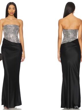 Retrofete Silver Sequin Bodice Black Strapless Satin Gown